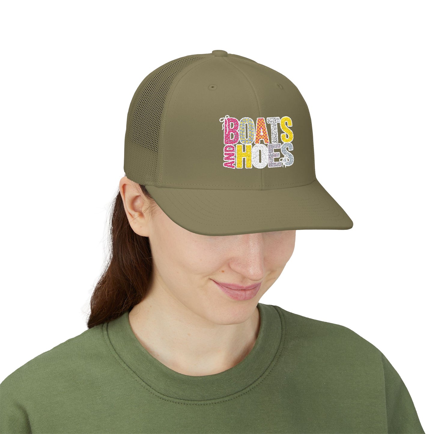 Boats & Hoes Embroidered Trucker Cap — Retro Beach Party Snapback