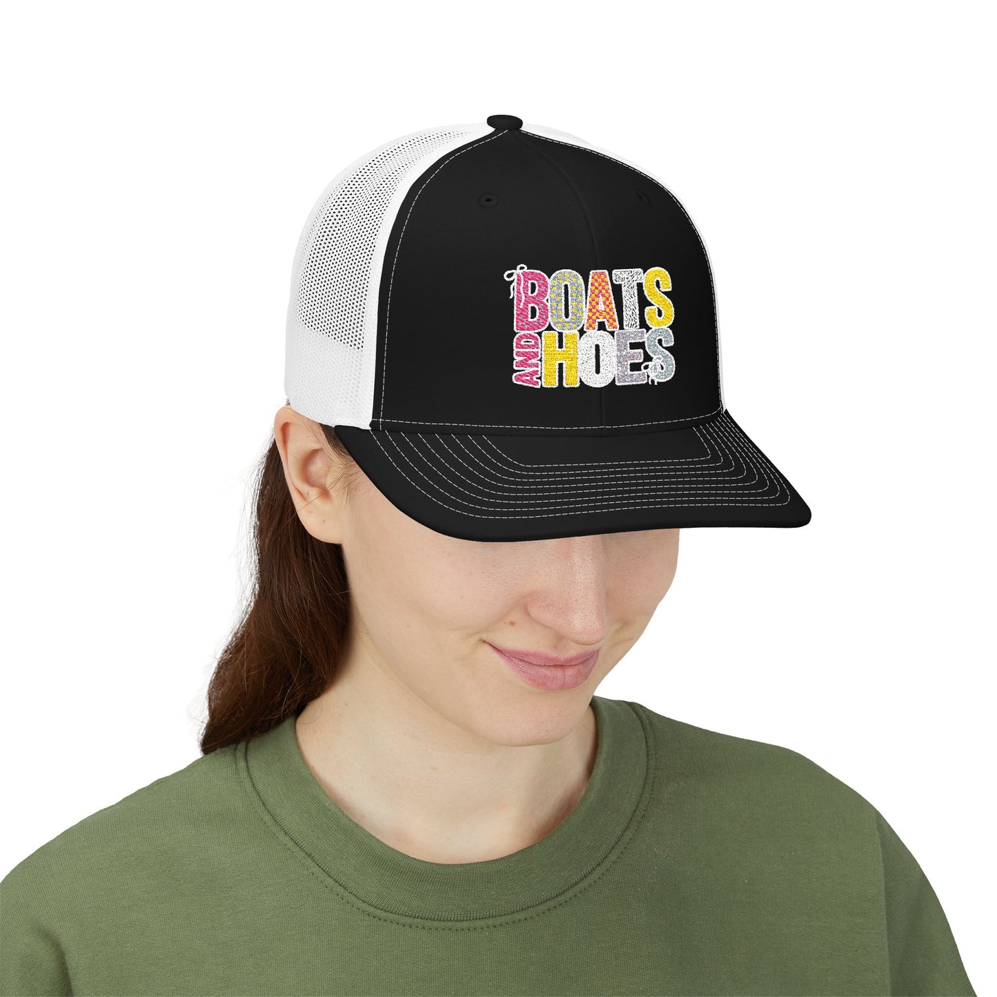 Boats & Hoes Embroidered Trucker Cap — Retro Beach Party Snapback