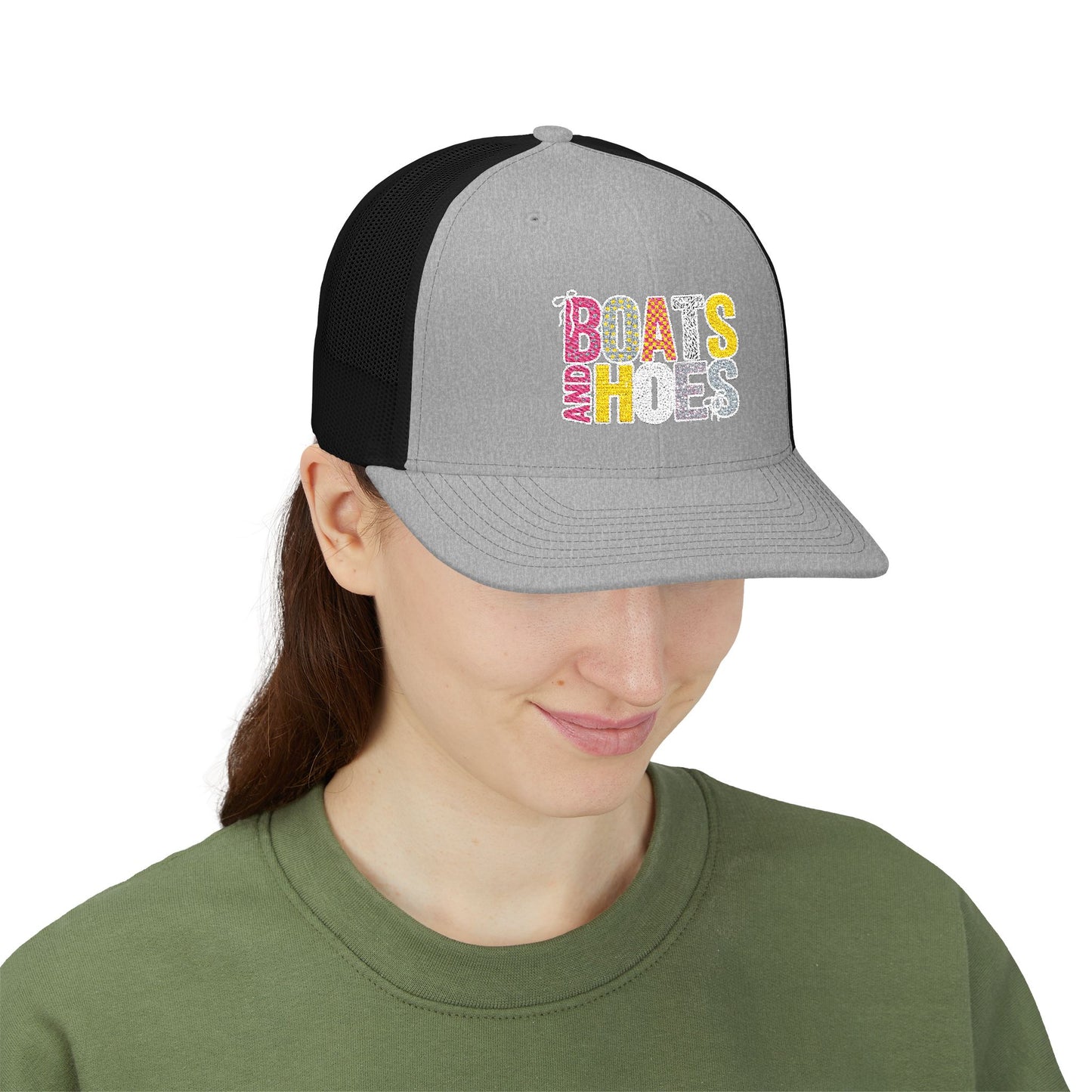 Boats & Hoes Embroidered Trucker Cap — Retro Beach Party Snapback