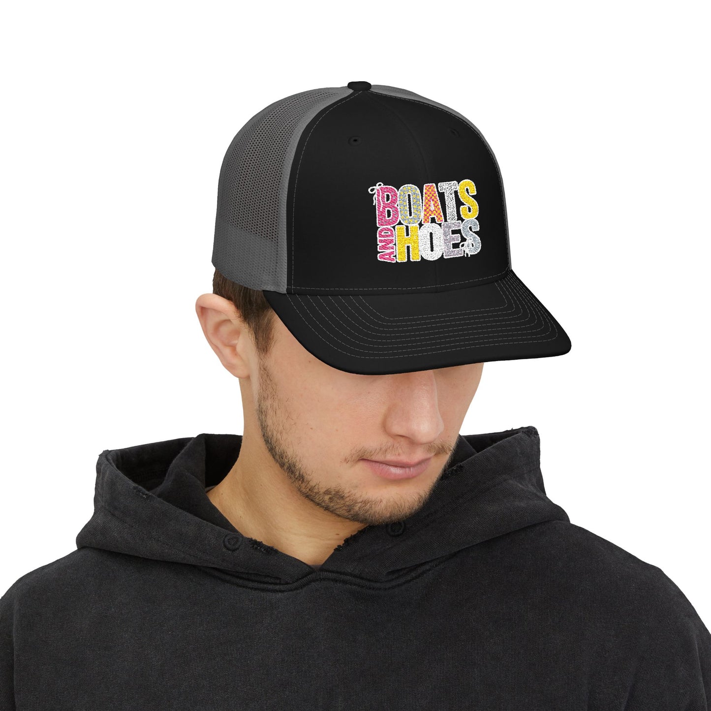 Boats & Hoes Embroidered Trucker Cap — Retro Beach Party Snapback