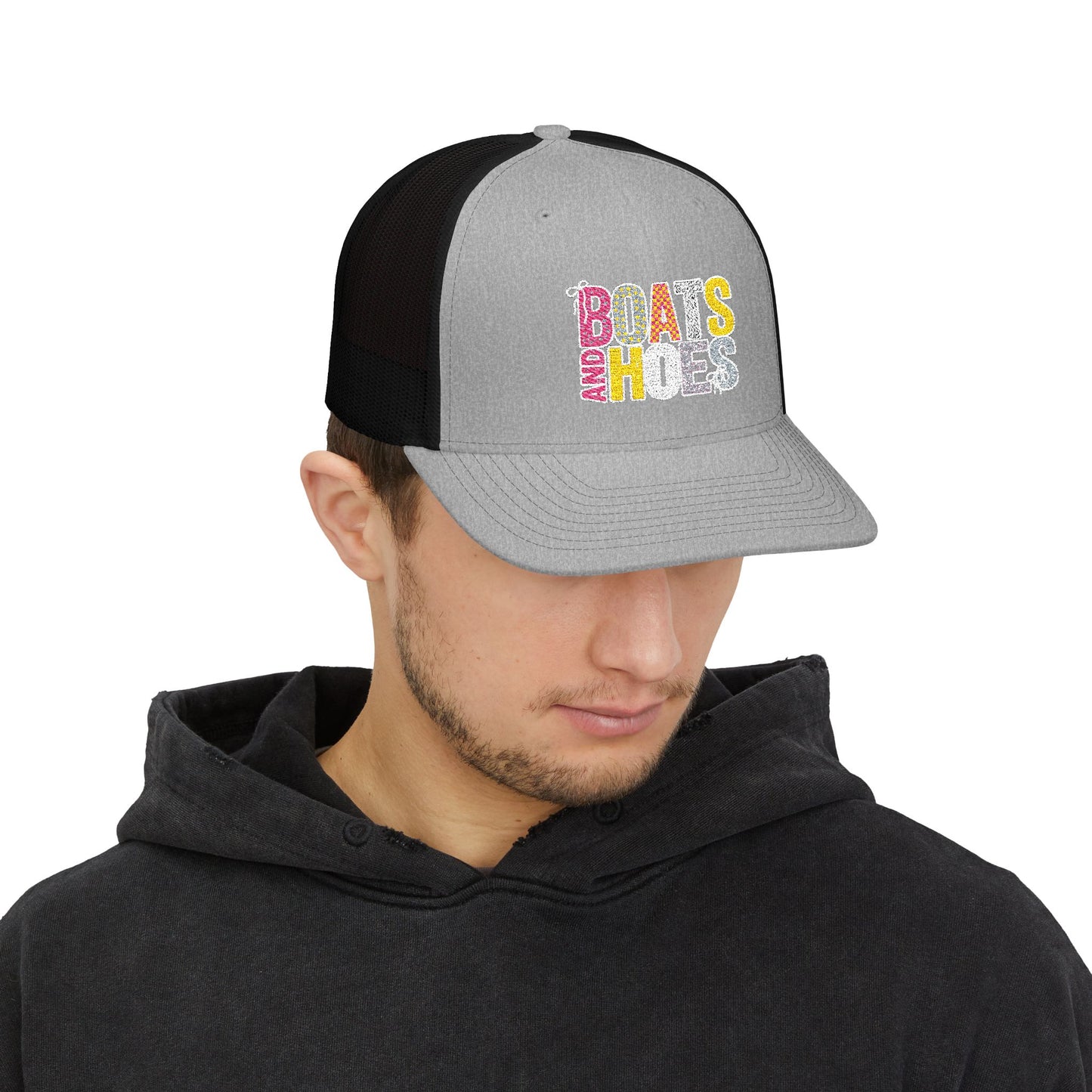 Boats & Hoes Embroidered Trucker Cap — Retro Beach Party Snapback