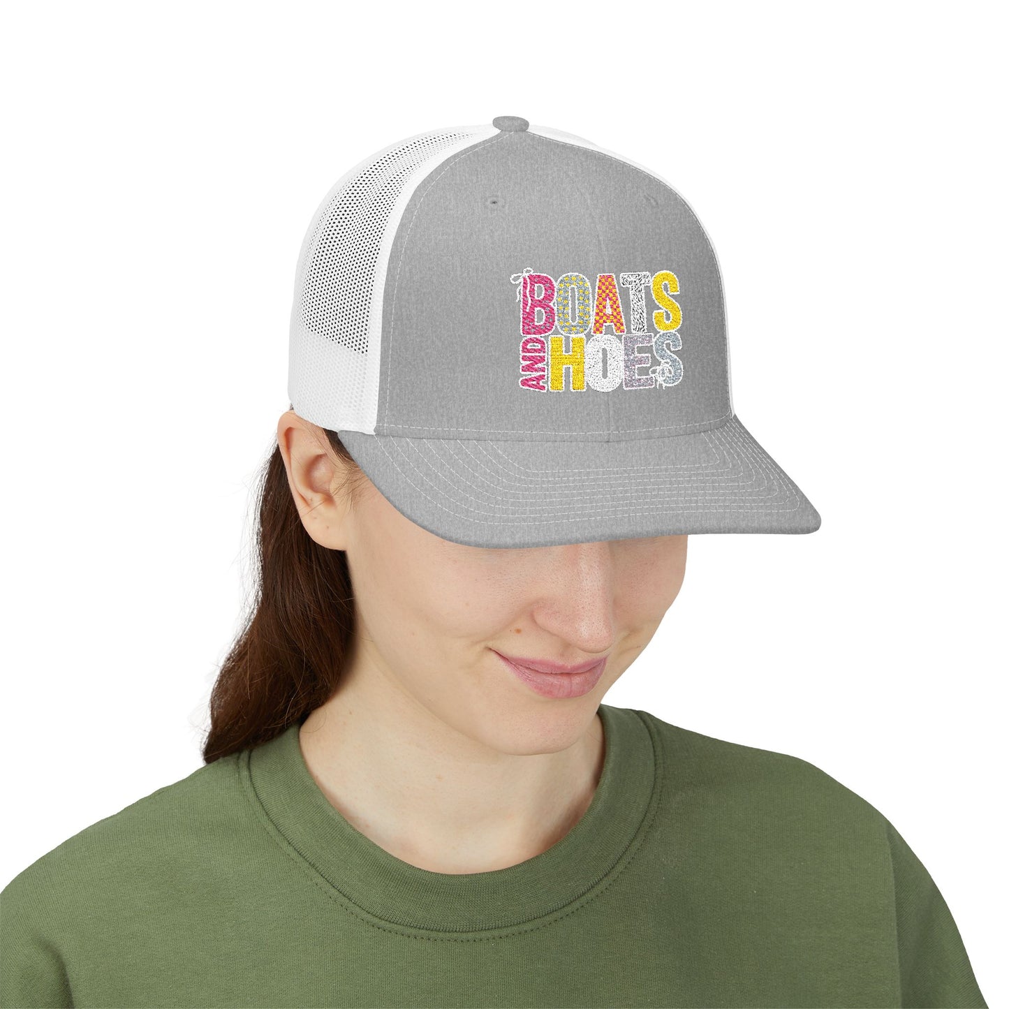 Boats & Hoes Embroidered Trucker Cap — Retro Beach Party Snapback