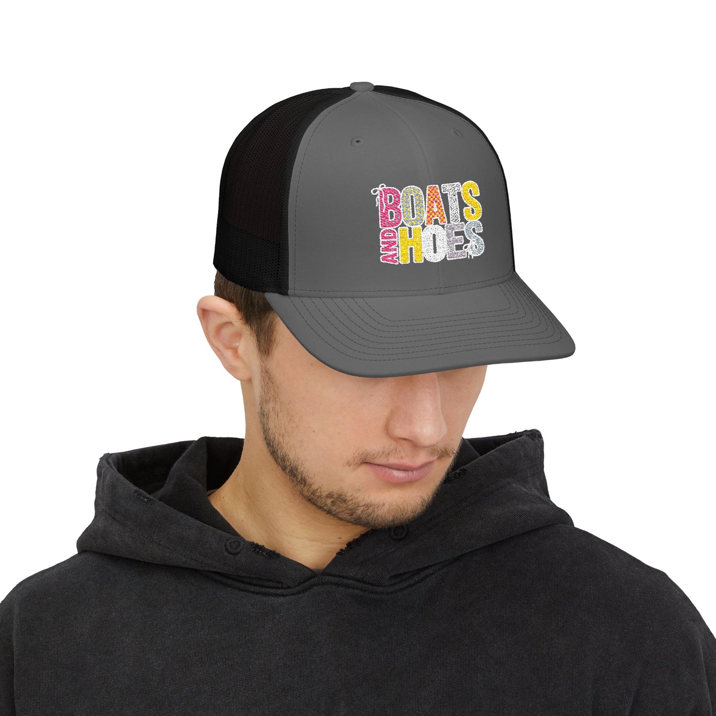 Boats & Hoes Embroidered Trucker Cap — Retro Beach Party Snapback