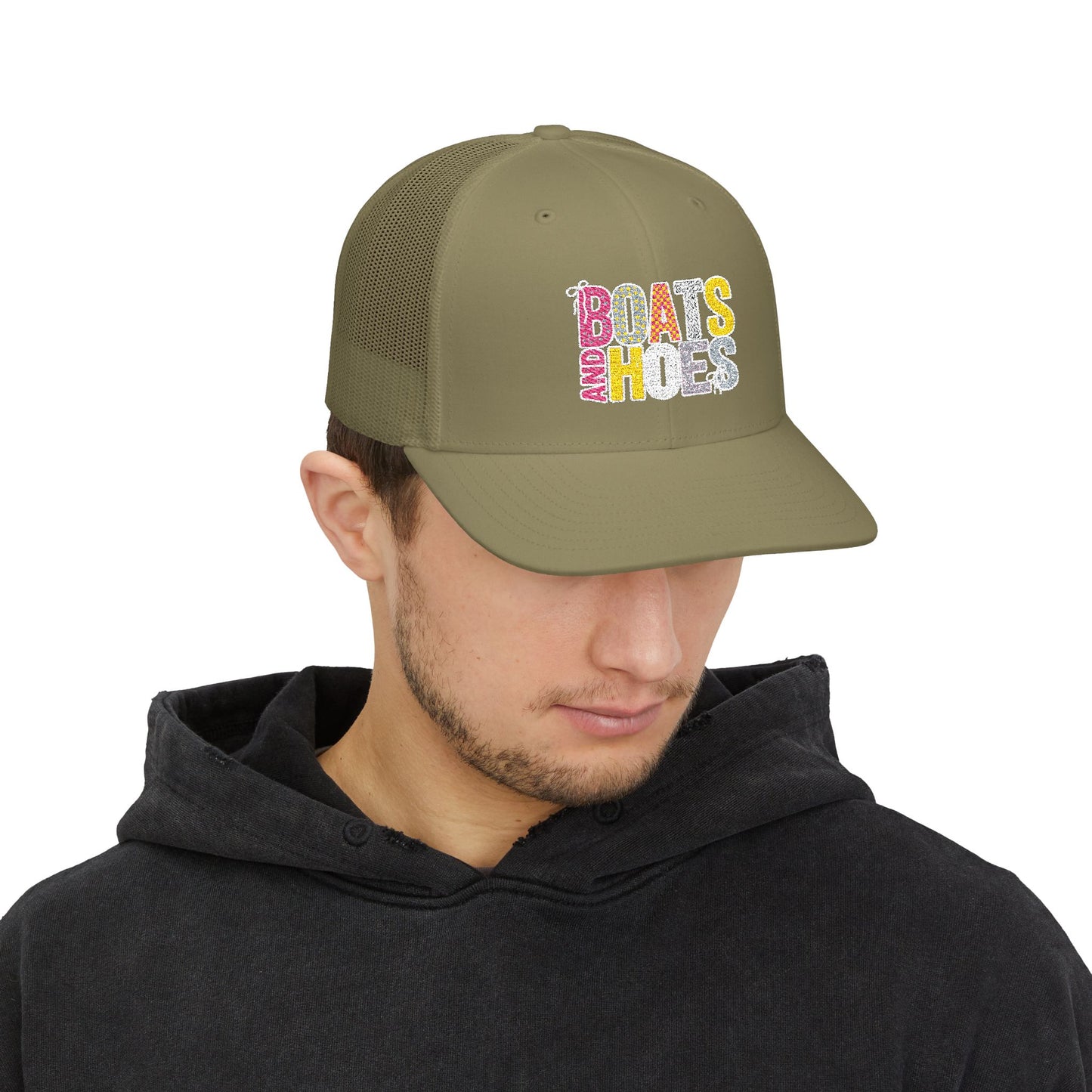 Boats & Hoes Embroidered Trucker Cap — Retro Beach Party Snapback