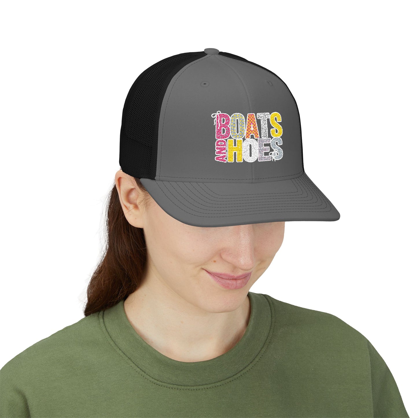Boats & Hoes Embroidered Trucker Cap — Retro Beach Party Snapback