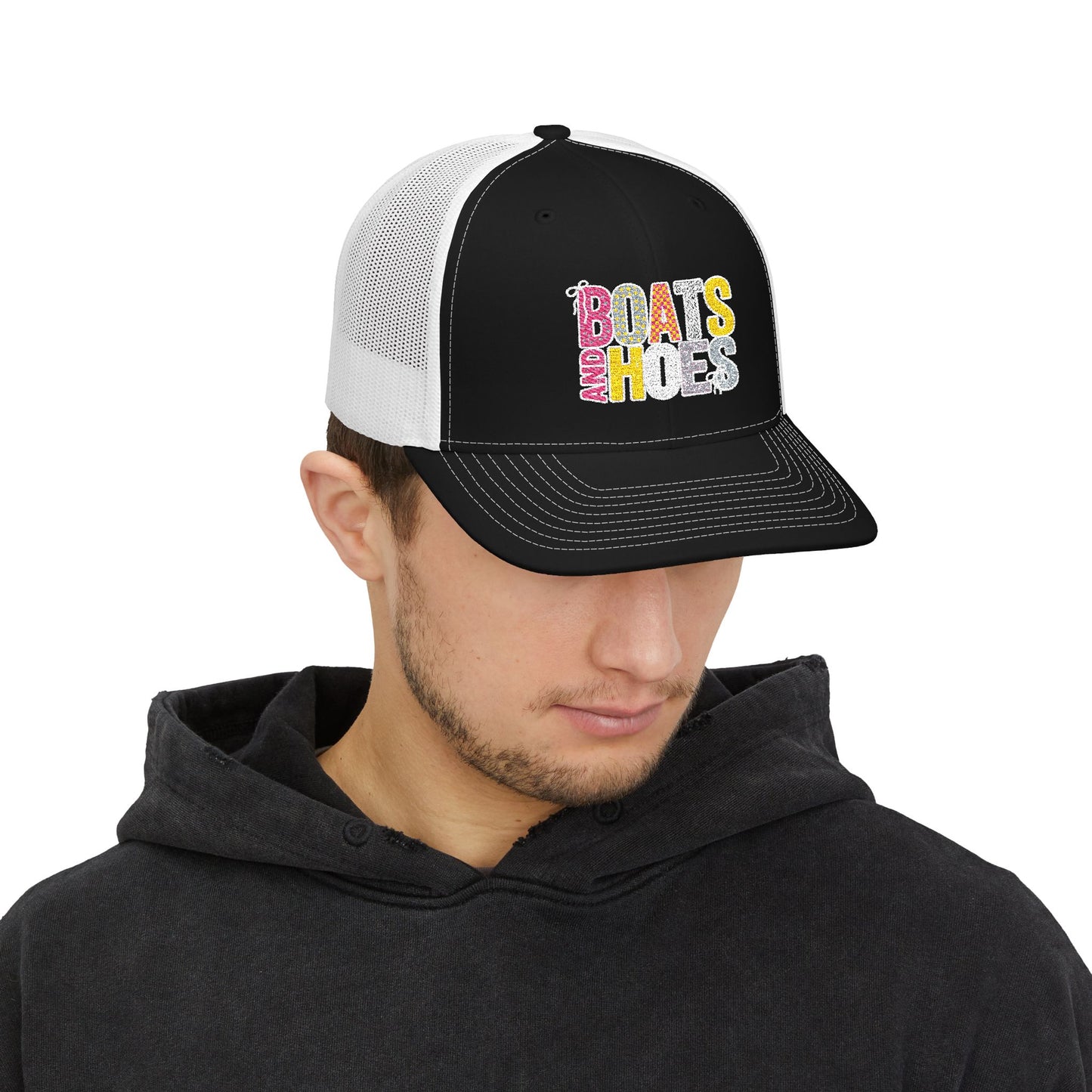 Boats & Hoes Embroidered Trucker Cap — Retro Beach Party Snapback