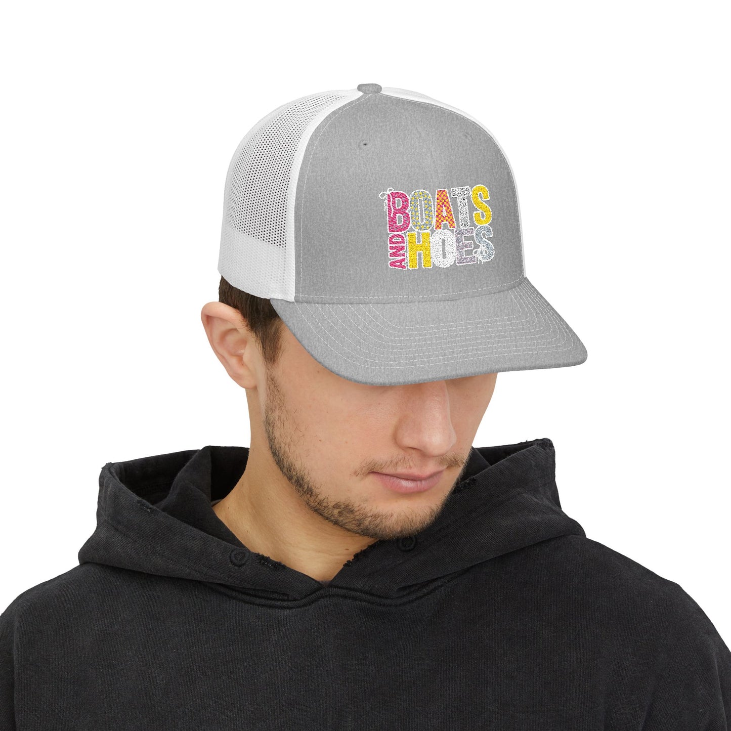 Boats & Hoes Embroidered Trucker Cap — Retro Beach Party Snapback