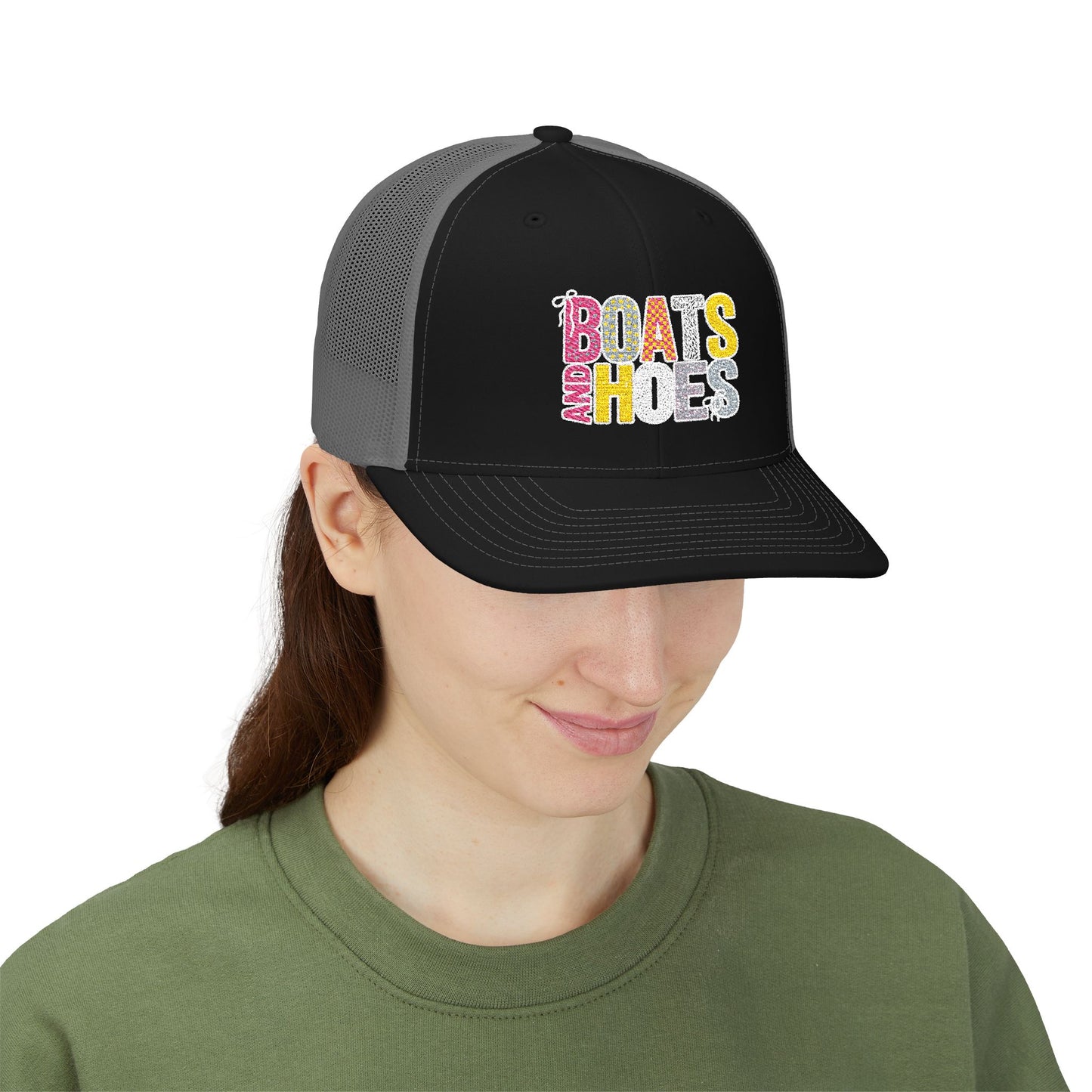 Boats & Hoes Embroidered Trucker Cap — Retro Beach Party Snapback