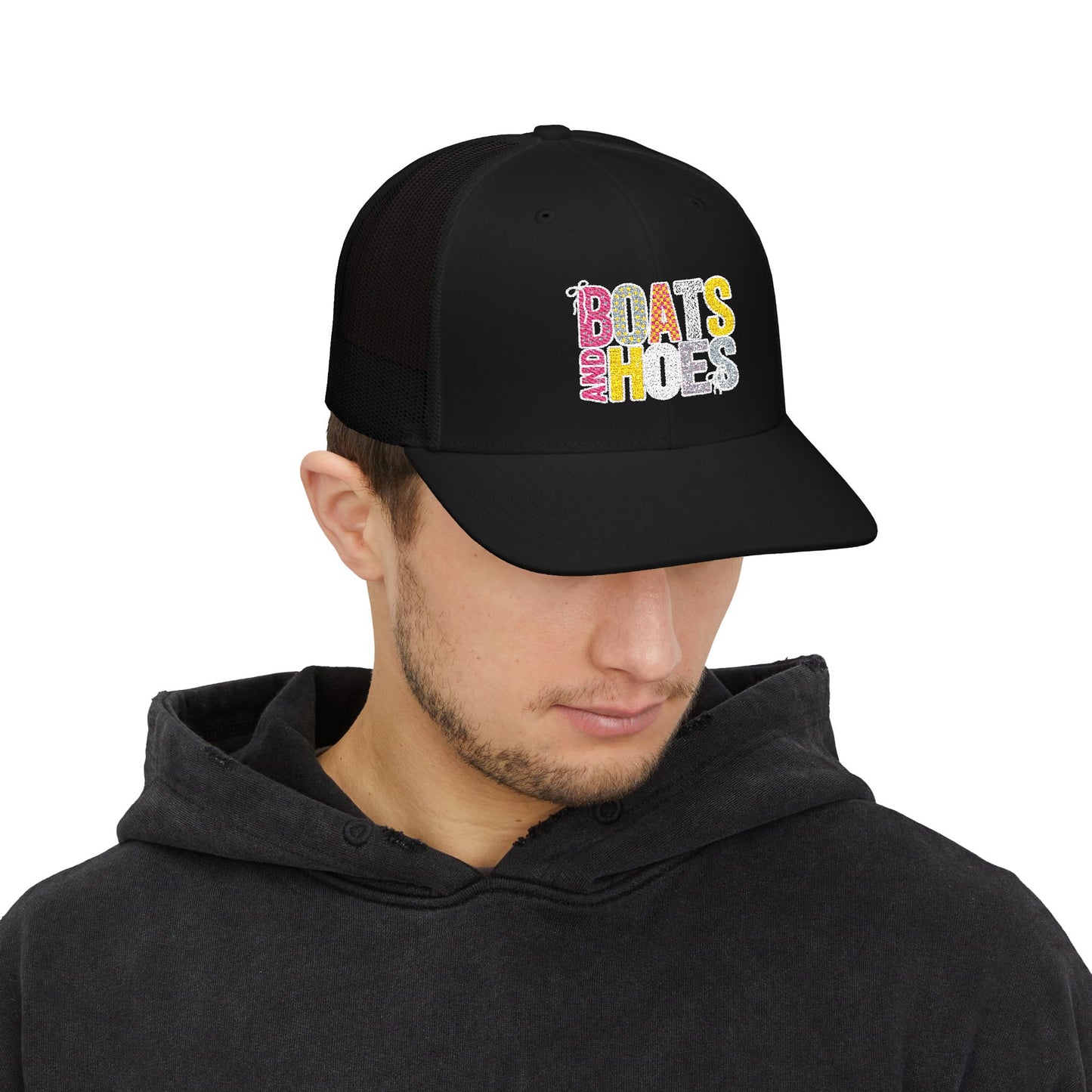 Boats & Hoes Embroidered Trucker Cap — Retro Beach Party Snapback